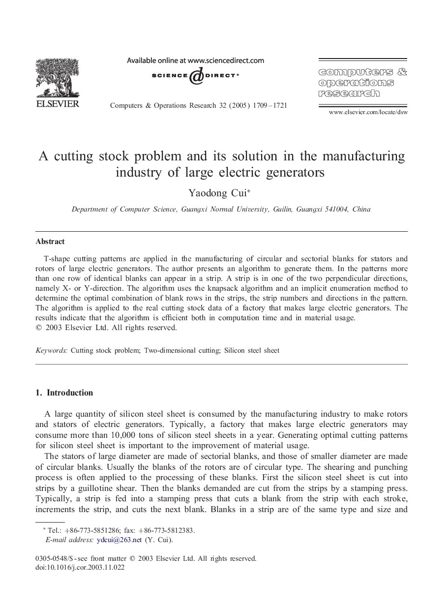 A cutting stock problem and its solution in the manufacturing industry of large electric generators