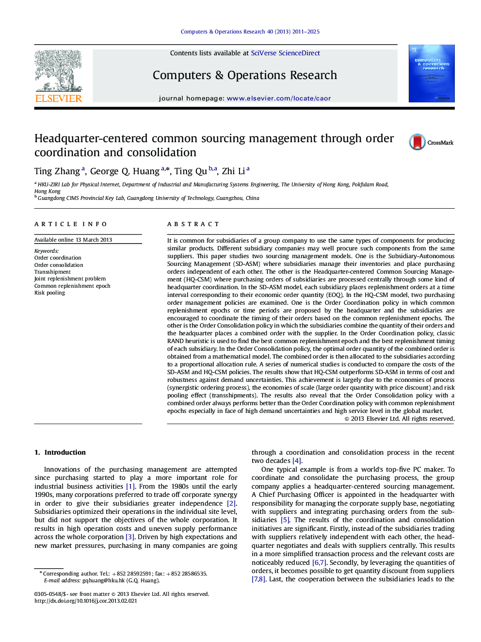 Headquarter-centered common sourcing management through order coordination and consolidation