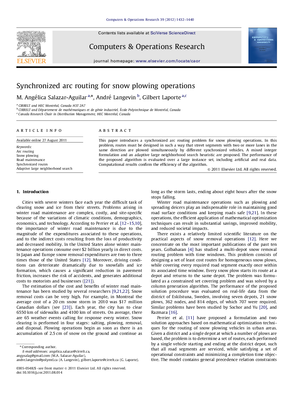 Synchronized arc routing for snow plowing operations