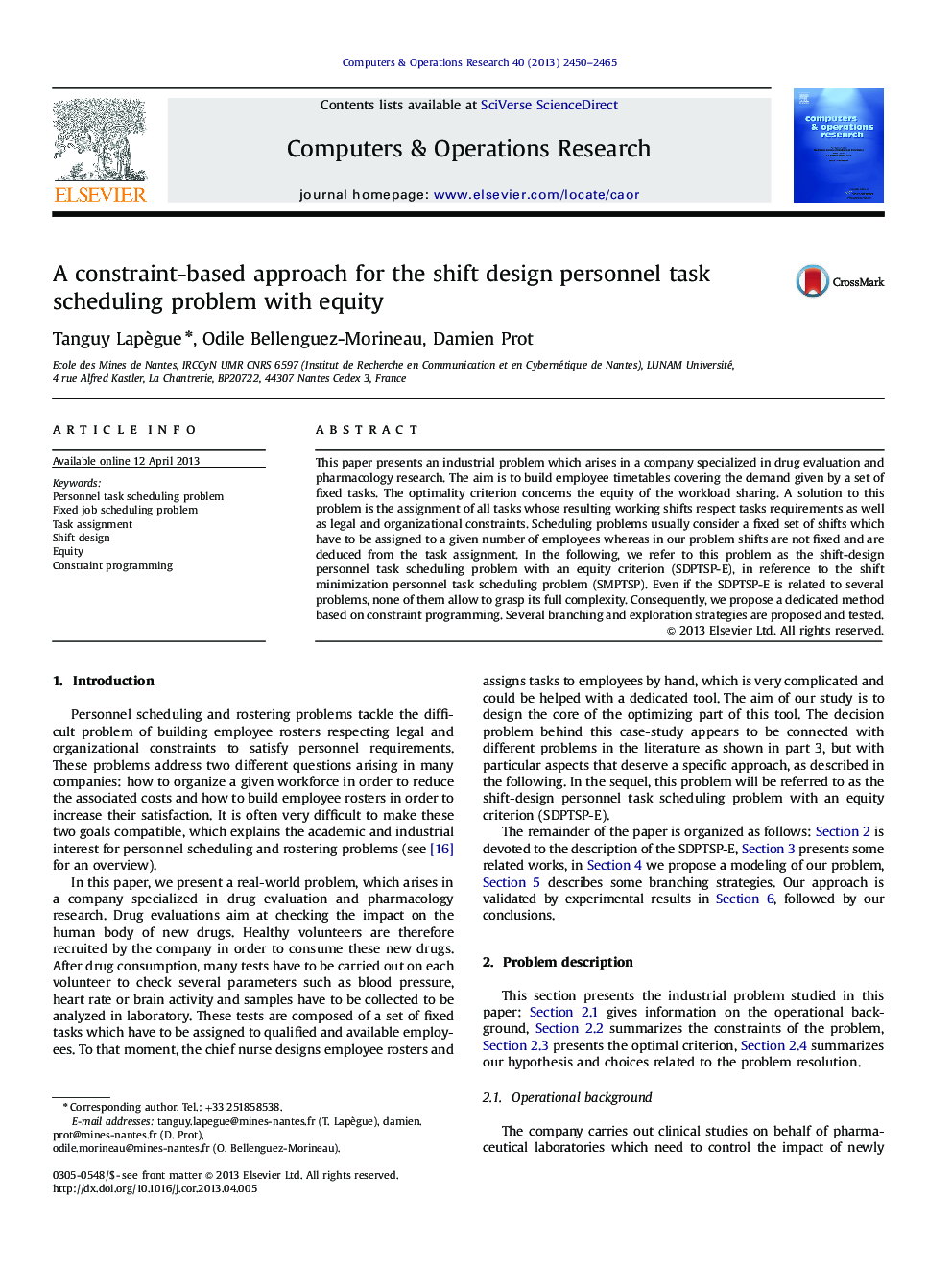 A constraint-based approach for the shift design personnel task scheduling problem with equity