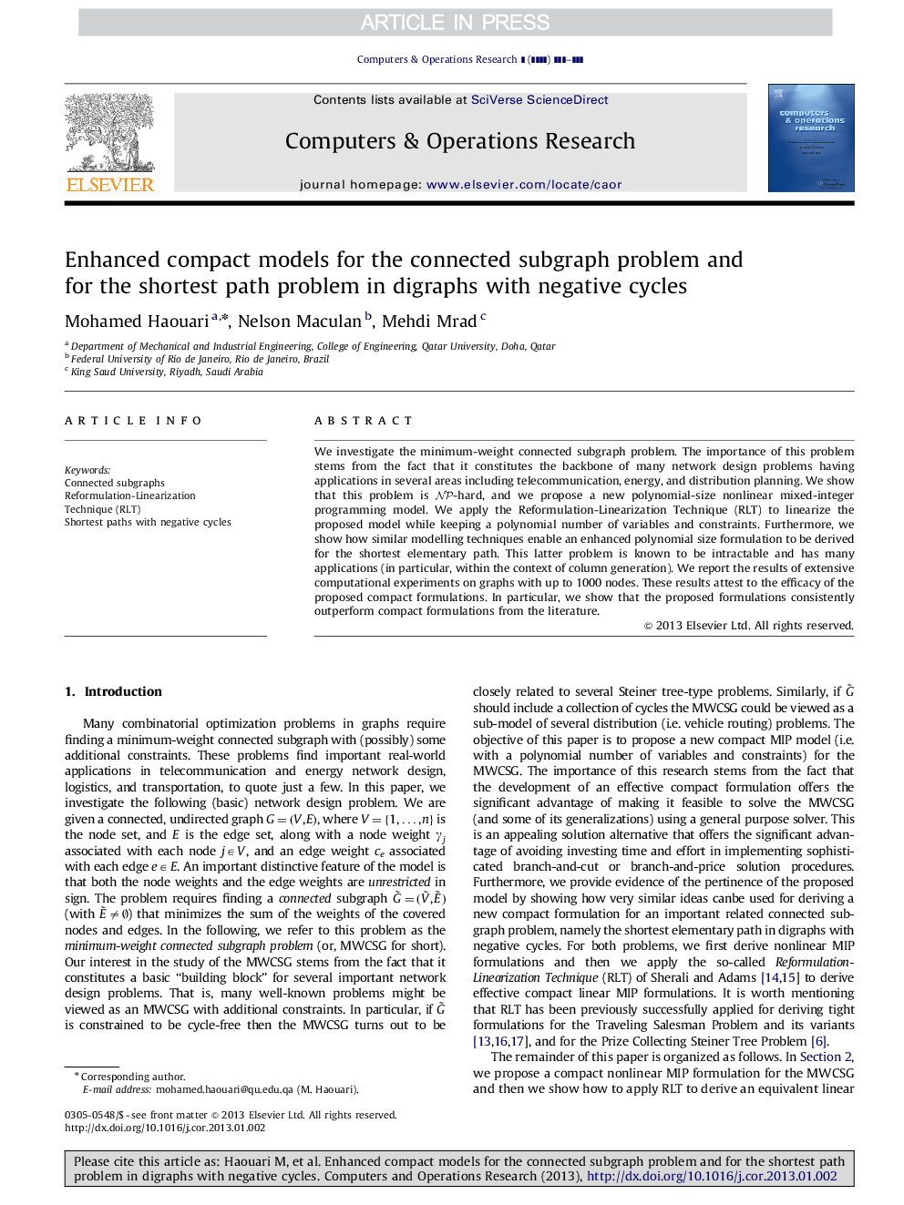 Enhanced compact models for the connected subgraph problem and for the shortest path problem in digraphs with negative cycles