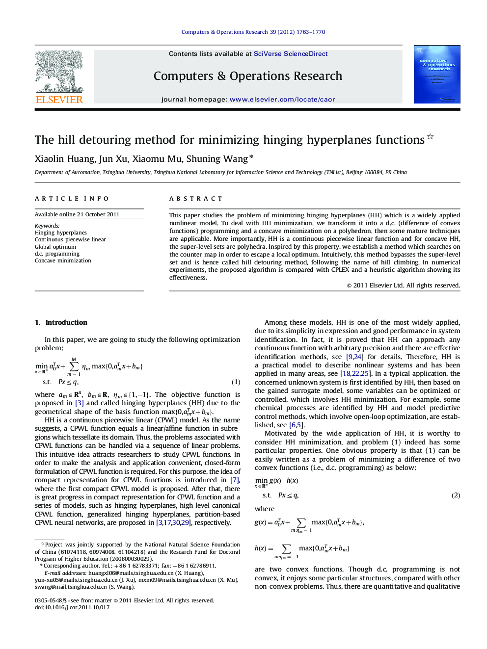 The hill detouring method for minimizing hinging hyperplanes functions