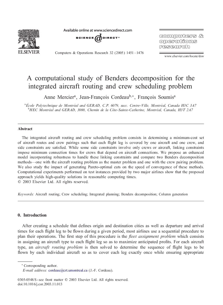 A computational study of Benders decomposition for the integrated aircraft routing and crew scheduling problem