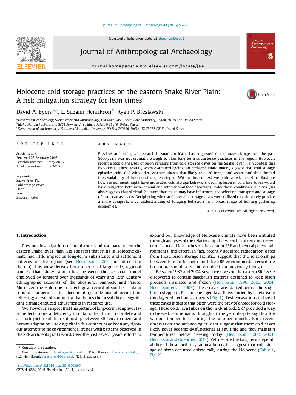 Holocene cold storage practices on the eastern Snake River Plain: A risk-mitigation strategy for lean times