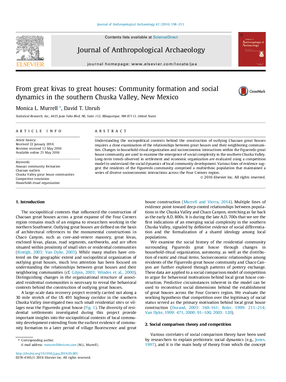 From great kivas to great houses: Community formation and social dynamics in the southern Chuska Valley, New Mexico