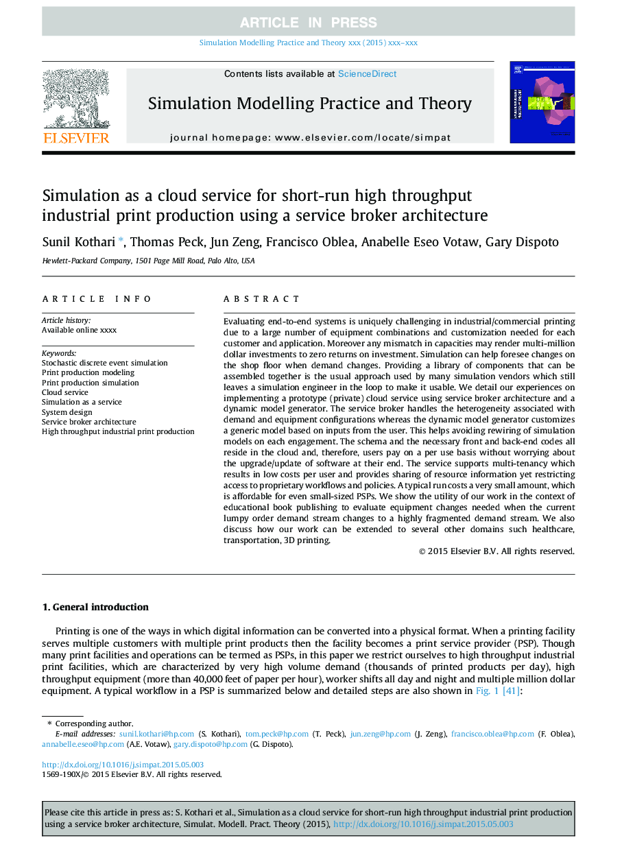 Simulation as a cloud service for short-run high throughput industrial print production using a service broker architecture