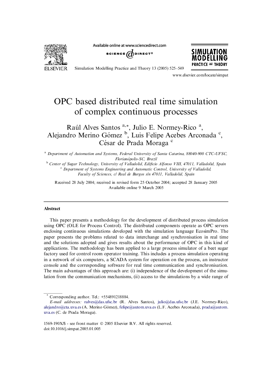 OPC based distributed real time simulation of complex continuous processes