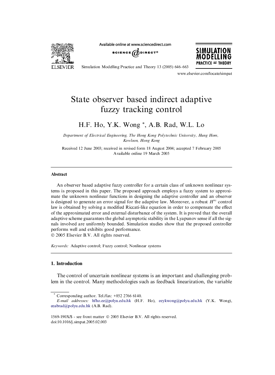 State observer based indirect adaptive fuzzy tracking control