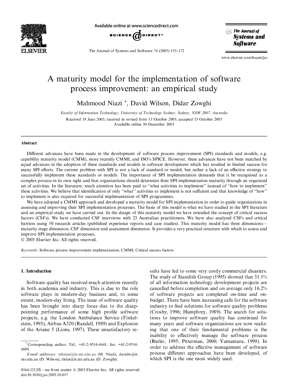 A maturity model for the implementation of software process improvement: an empirical study