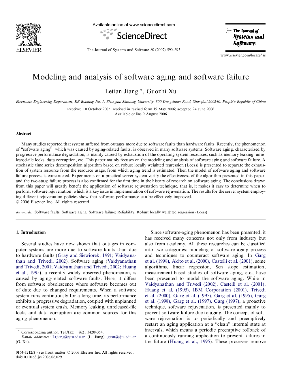 Modeling and analysis of software aging and software failure