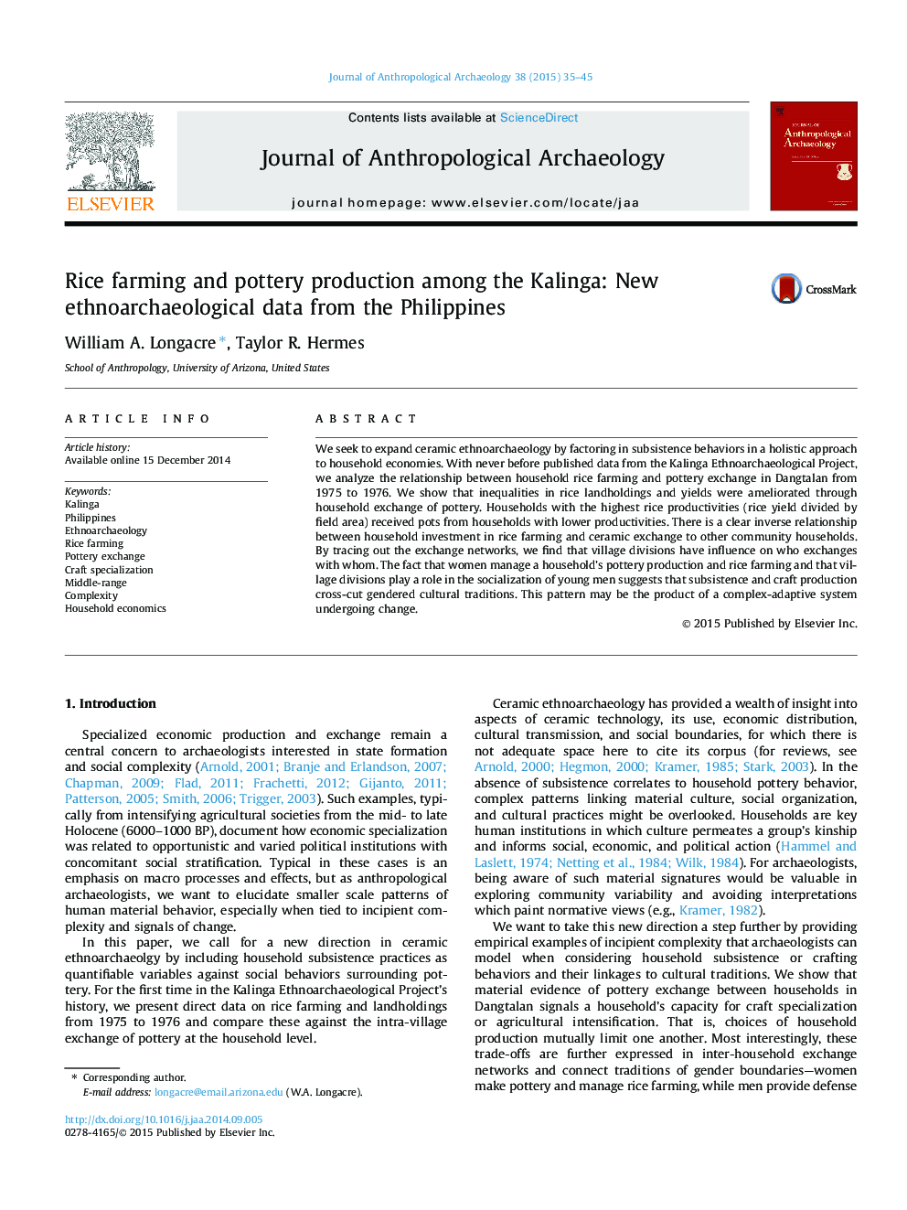 Rice farming and pottery production among the Kalinga: New ethnoarchaeological data from the Philippines