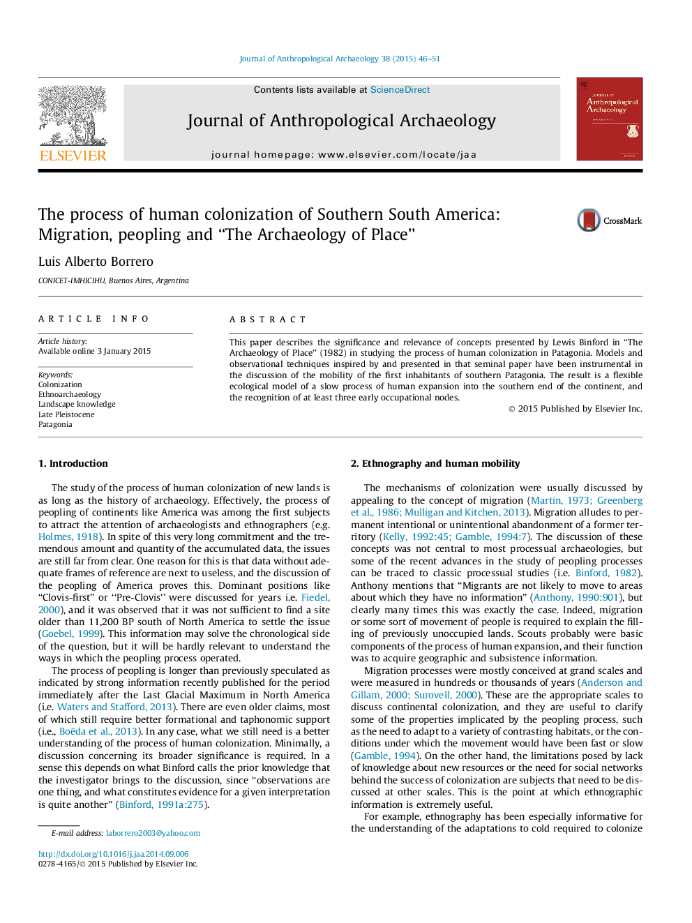 The process of human colonization of Southern South America: Migration, peopling and “The Archaeology of Place”