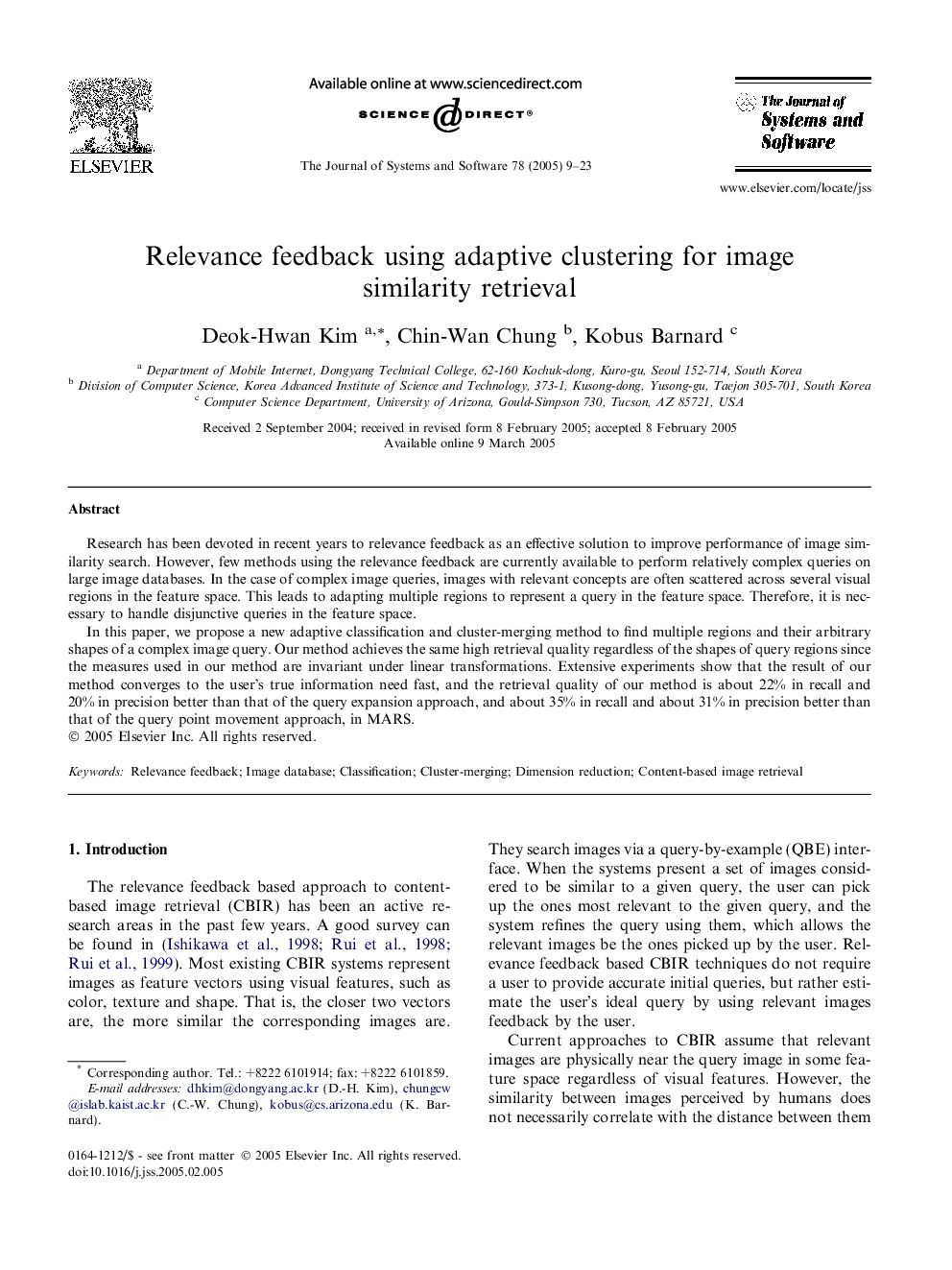 Relevance feedback using adaptive clustering for image similarity retrieval