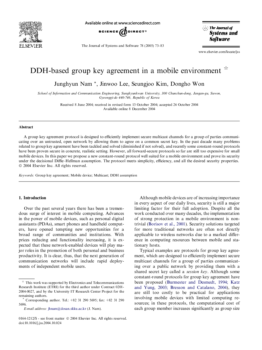 DDH-based group key agreement in a mobile environment