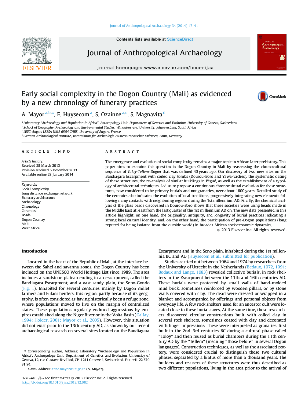 Early social complexity in the Dogon Country (Mali) as evidenced by a new chronology of funerary practices