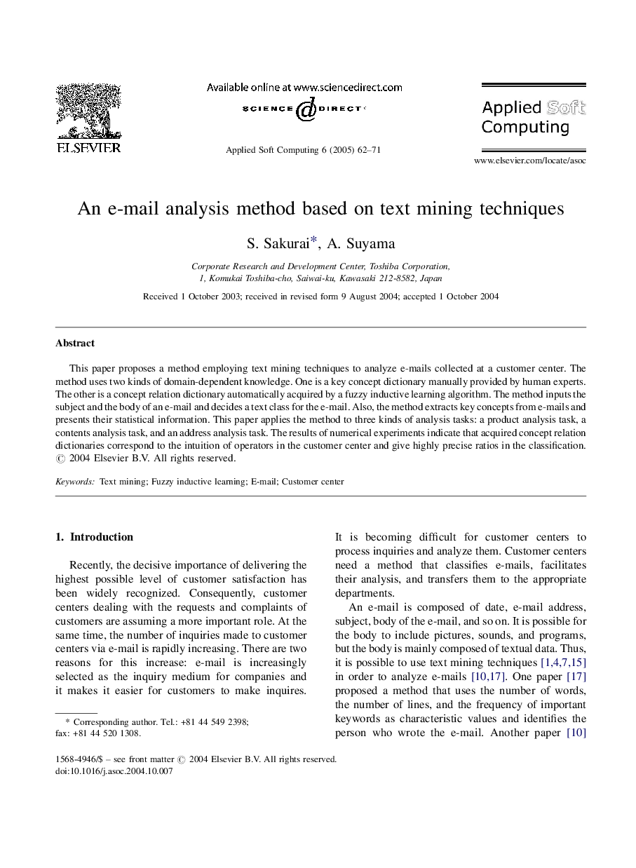 An e-mail analysis method based on text mining techniques