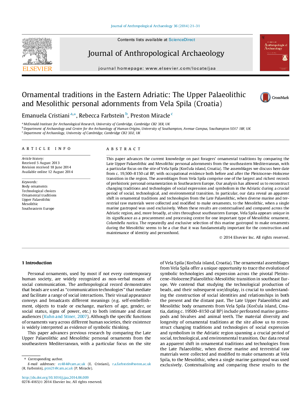 Ornamental traditions in the Eastern Adriatic: The Upper Palaeolithic and Mesolithic personal adornments from Vela Spila (Croatia)