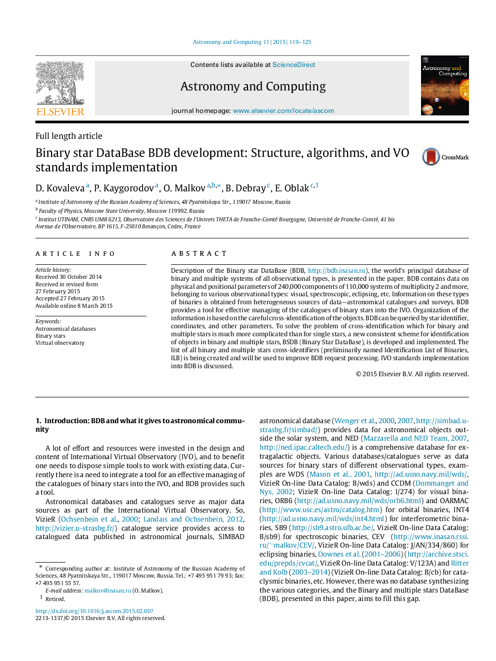 Binary star DataBase BDB development: Structure, algorithms, and VO standards implementation