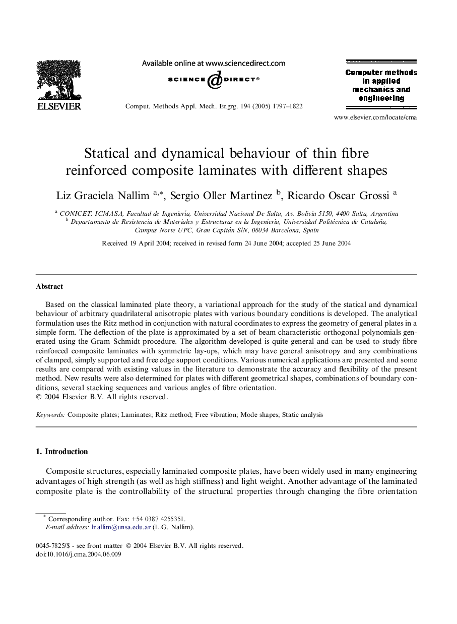 Statical and dynamical behaviour of thin fibre reinforced composite laminates with different shapes