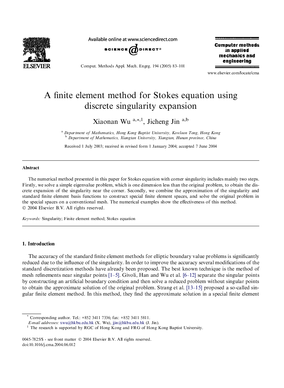 A finite element method for Stokes equation using discrete singularity expansion