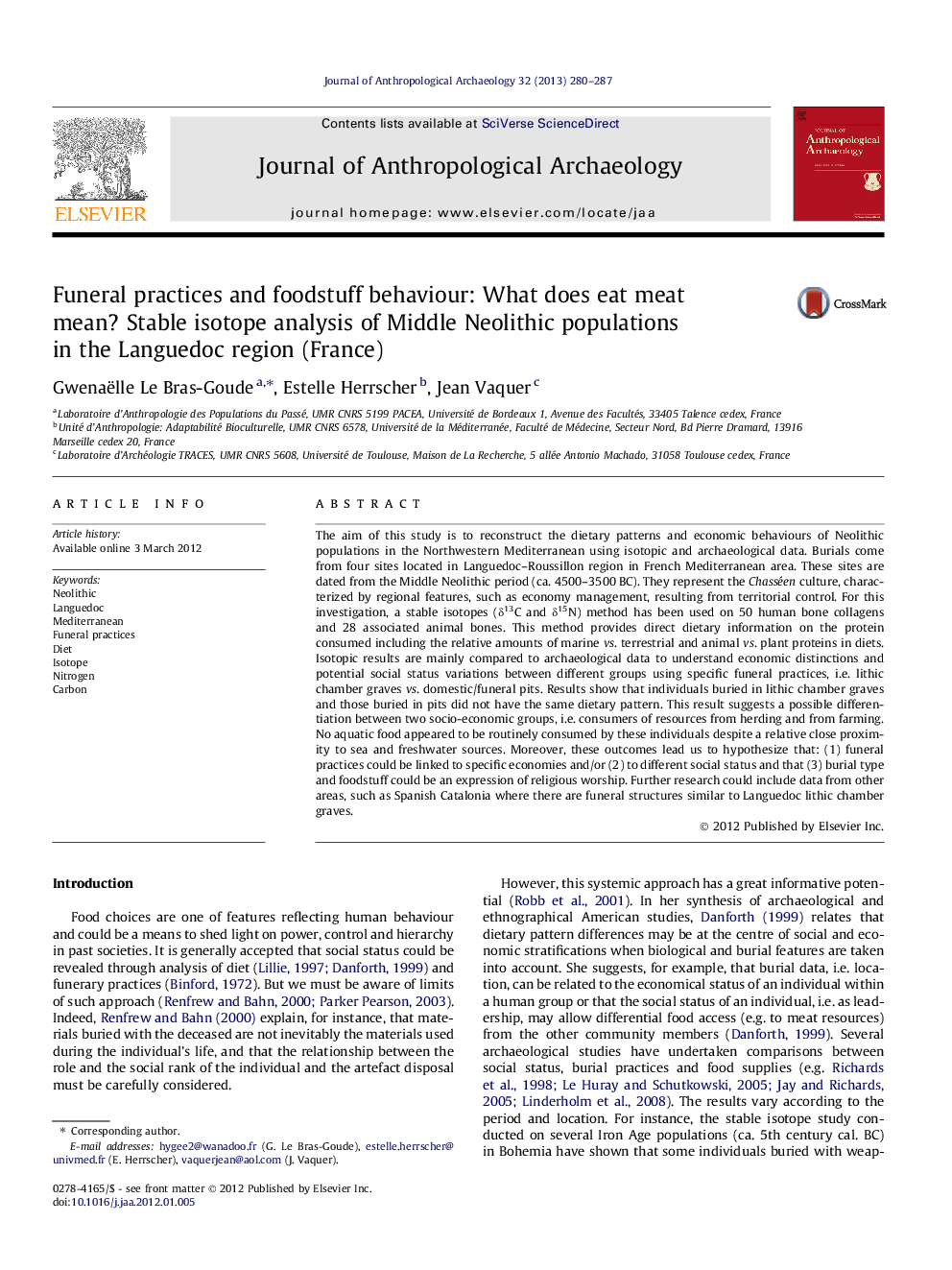 Funeral practices and foodstuff behaviour: What does eat meat mean? Stable isotope analysis of Middle Neolithic populations in the Languedoc region (France)