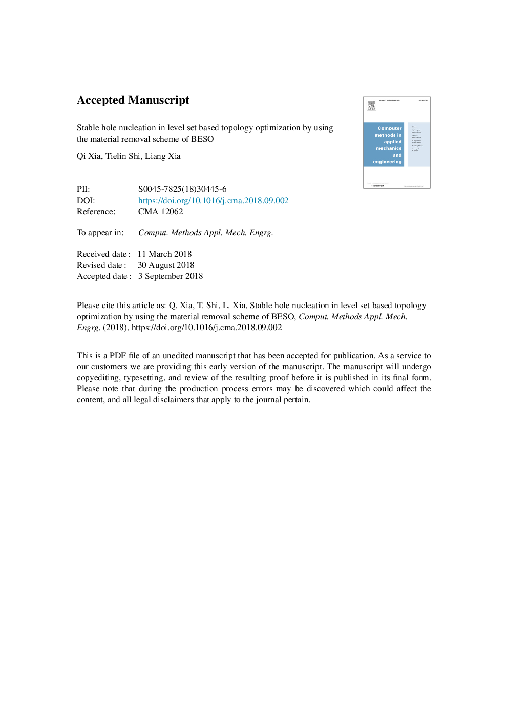 عکس صفحه اول مقاله: Stable hole nucleation in level set based topology optimization by using the material removal scheme of BESO Stable hole nucleation in level set based topology optimization by using the material removal scheme of BESO