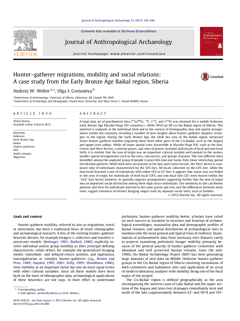 Hunter–gatherer migrations, mobility and social relations: A case study from the Early Bronze Age Baikal region, Siberia