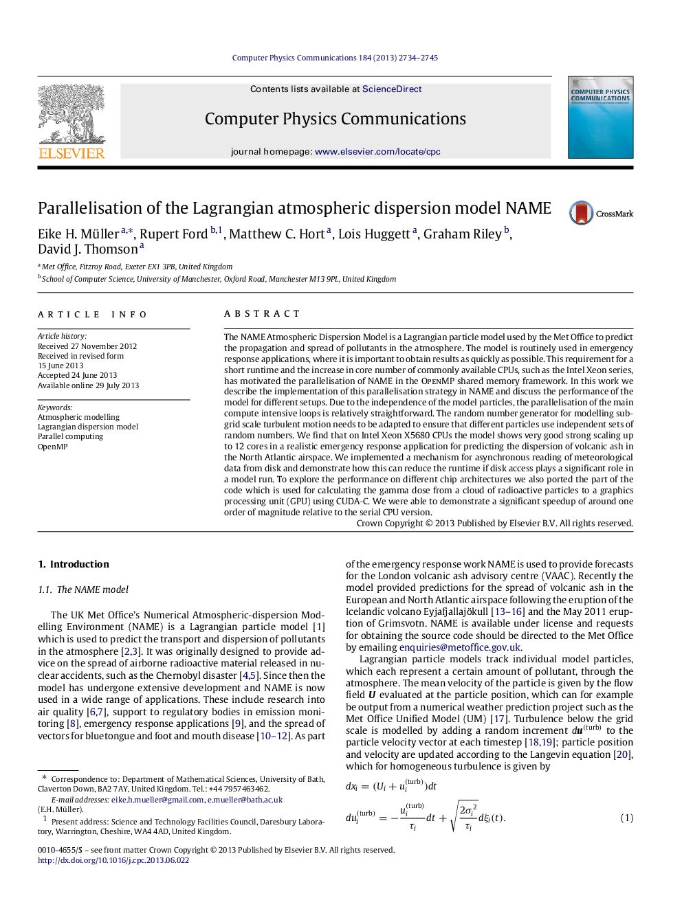 Parallelisation of the Lagrangian atmospheric dispersion model NAME