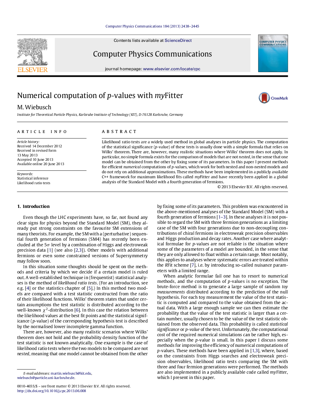 Numerical computation of p-values with myFitter