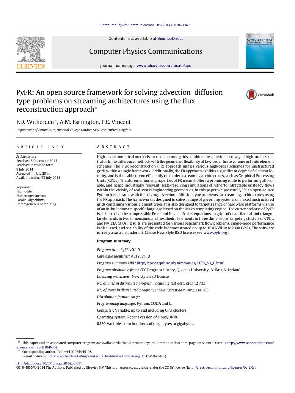 PyFR: An open source framework for solving advection-diffusion type problems on streaming architectures using the flux reconstruction approach