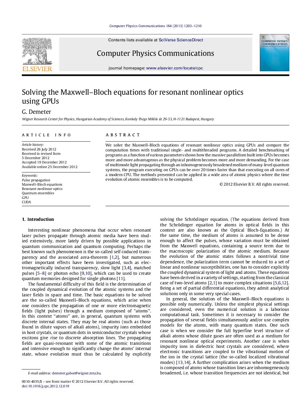 عکس صفحه اول مقاله: Solving the Maxwell-Bloch equations for resonant nonlinear optics using GPUs Solving the Maxwell-Bloch equations for resonant nonlinear optics using GPUs