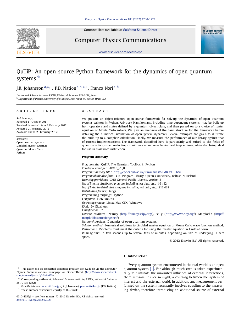 QuTiP: An open-source Python framework for the dynamics of open quantum systems