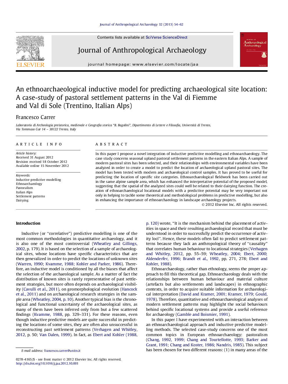 An ethnoarchaeological inductive model for predicting archaeological site location: A case-study of pastoral settlement patterns in the Val di Fiemme and Val di Sole (Trentino, Italian Alps)