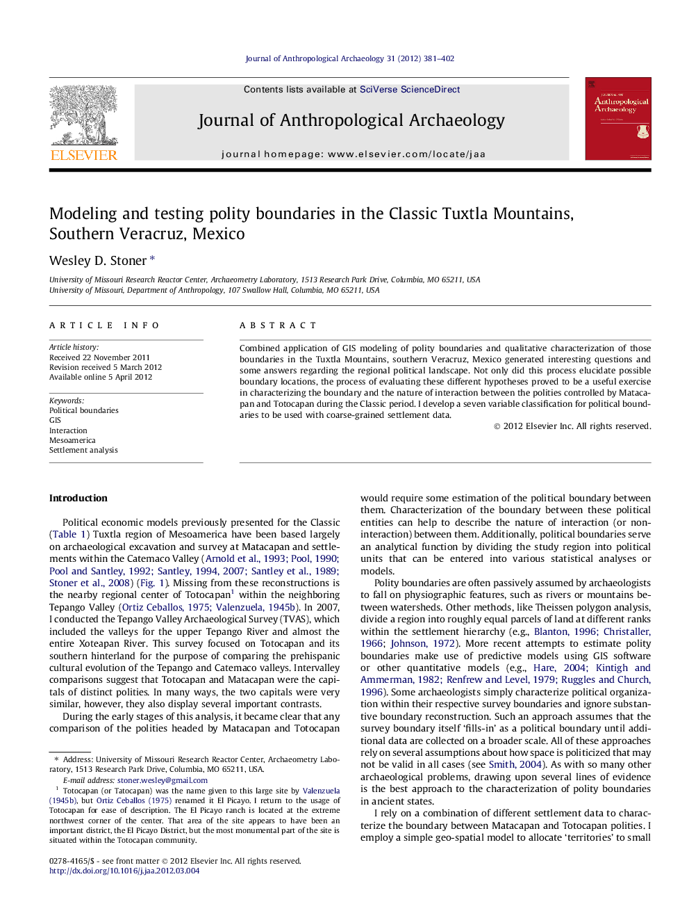 Modeling and testing polity boundaries in the Classic Tuxtla Mountains, Southern Veracruz, Mexico