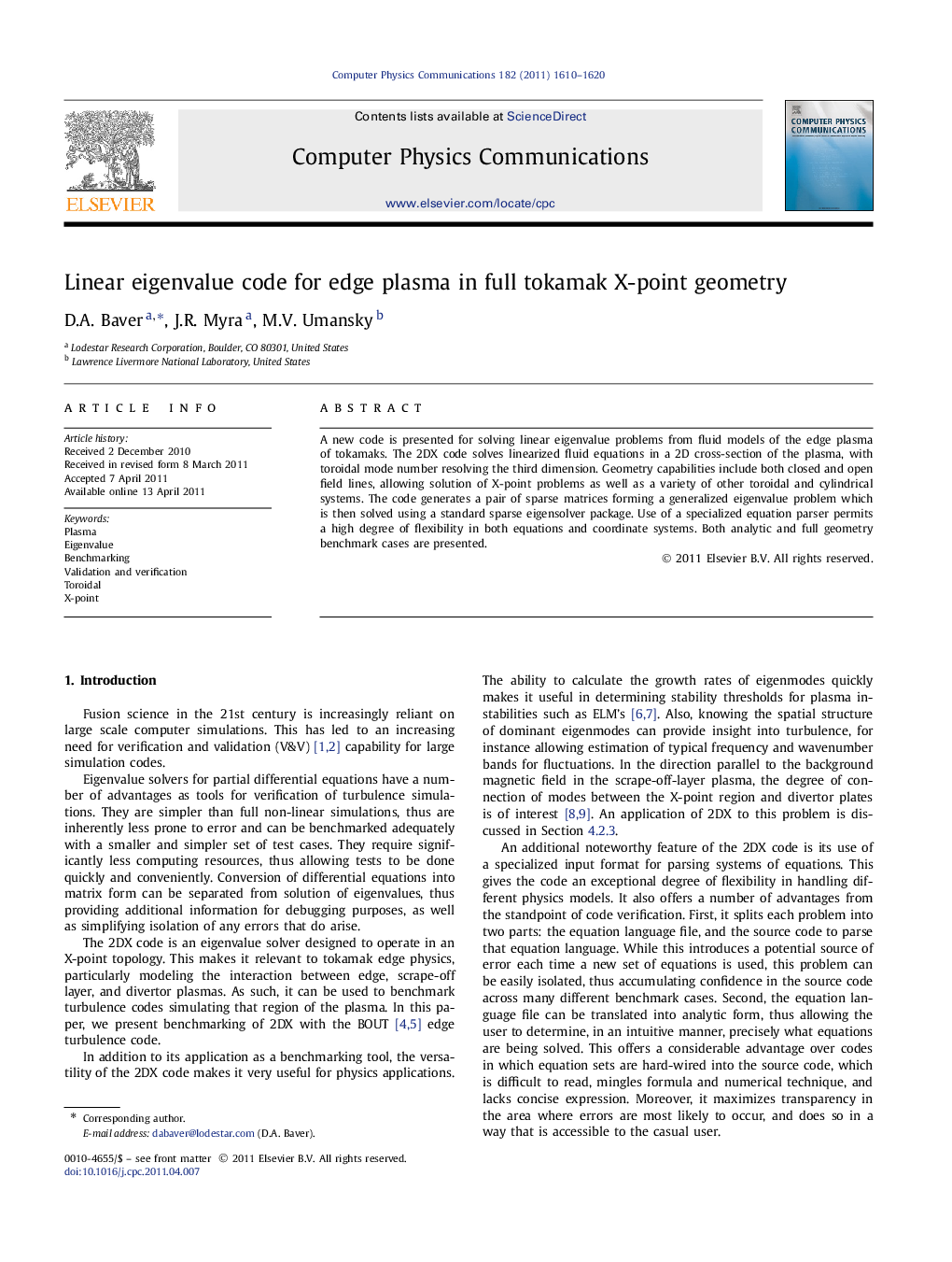 Linear eigenvalue code for edge plasma in full tokamak X-point geometry