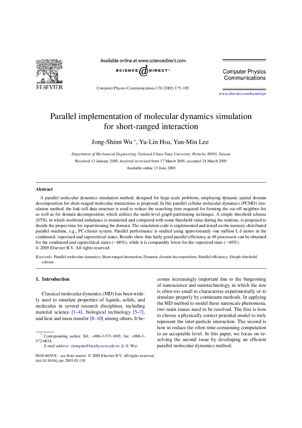 Parallel implementation of molecular dynamics simulation for short-ranged interaction