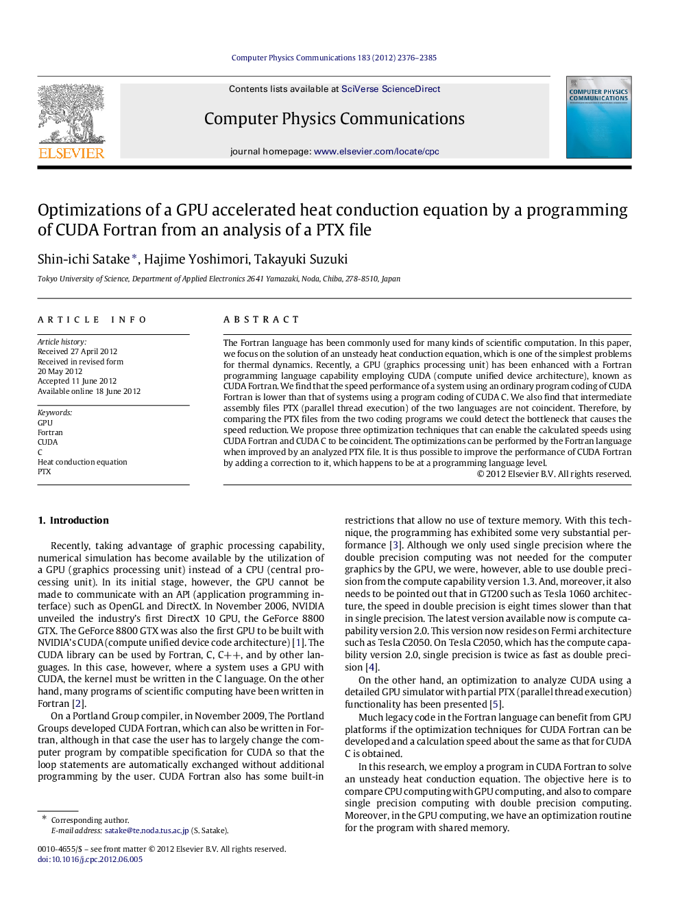 Optimizations of a GPU accelerated heat conduction equation by a programming of CUDA Fortran from an analysis of a PTX file