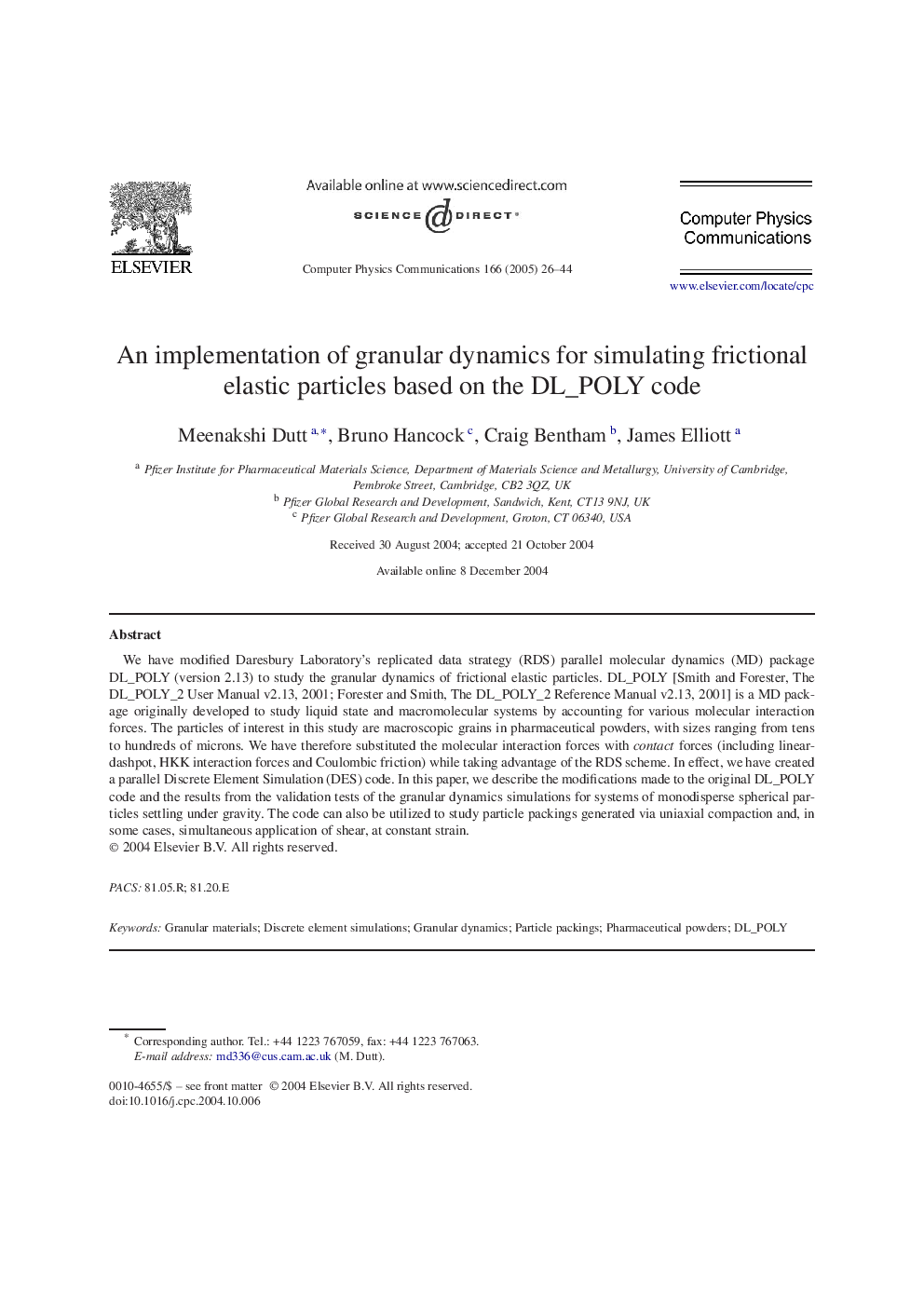 An implementation of granular dynamics for simulating frictional elastic particles based on the DL_POLY code