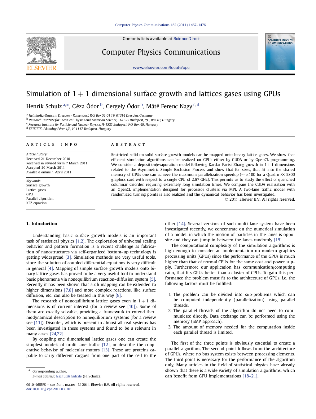 Simulation of 1+1 dimensional surface growth and lattices gases using GPUs