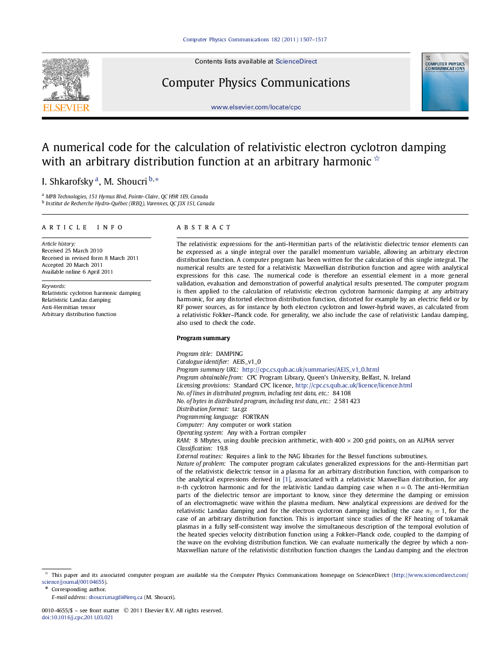 A numerical code for the calculation of relativistic electron cyclotron damping with an arbitrary distribution function at an arbitrary harmonic