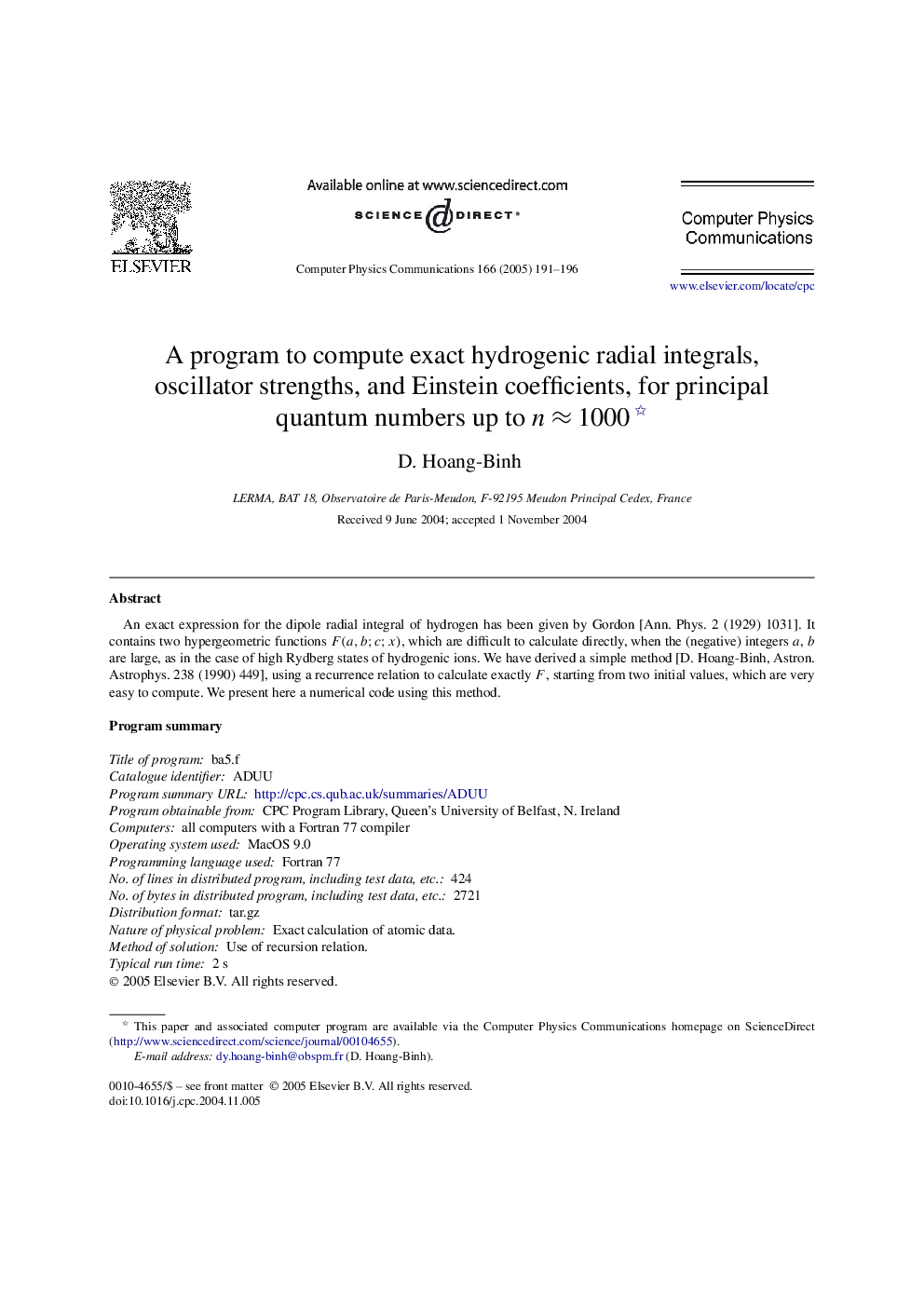 A program to compute exact hydrogenic radial integrals, oscillator strengths, and Einstein coefficients, for principal quantum numbers up to nâ1000