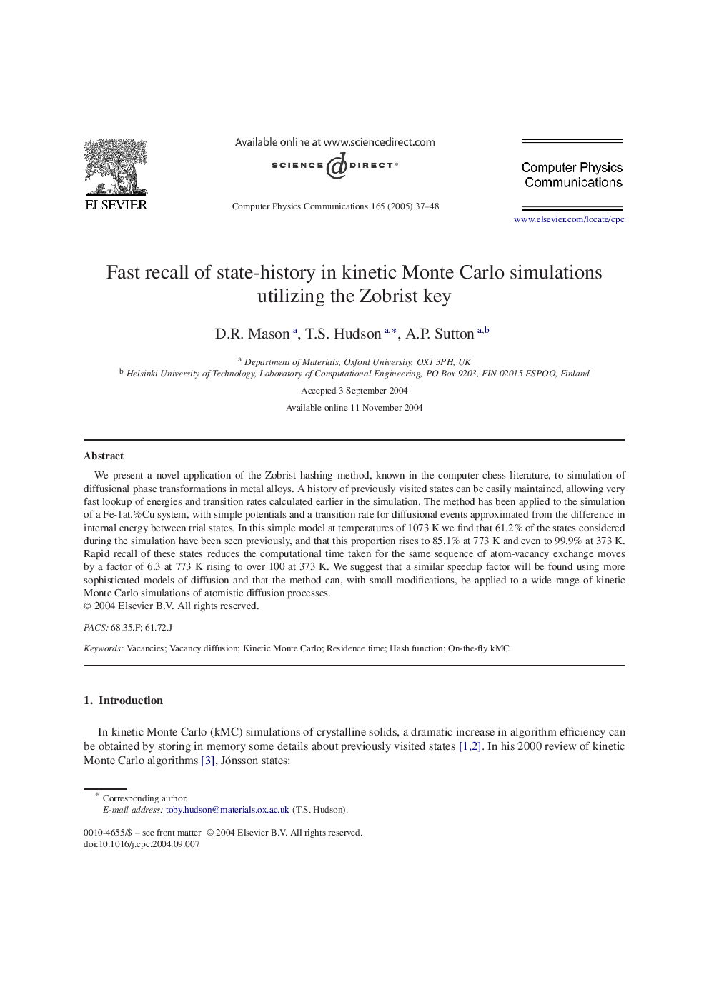 Fast recall of state-history in kinetic Monte Carlo simulations utilizing the Zobrist key