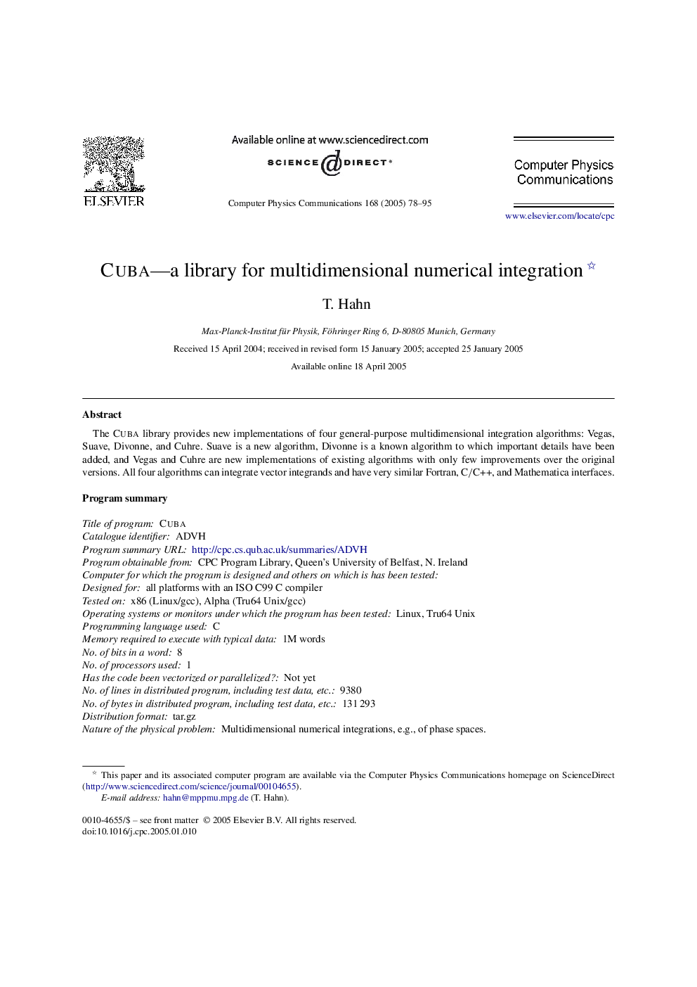 Cuba-a library for multidimensional numerical integration