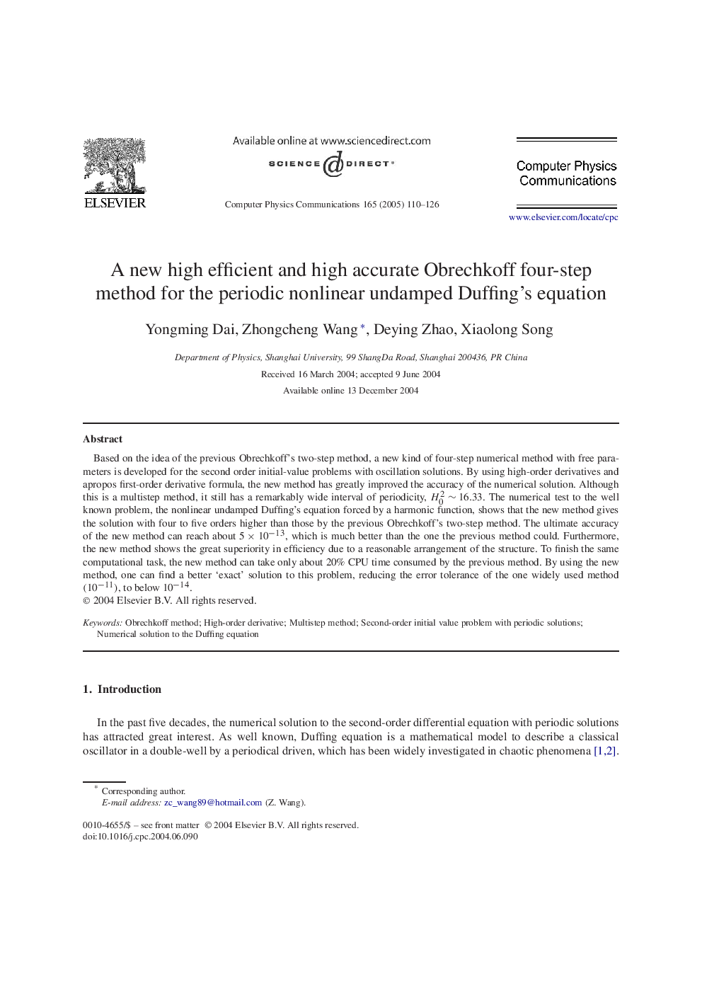 A new high efficient and high accurate Obrechkoff four-step method for the periodic nonlinear undamped Duffing's equation