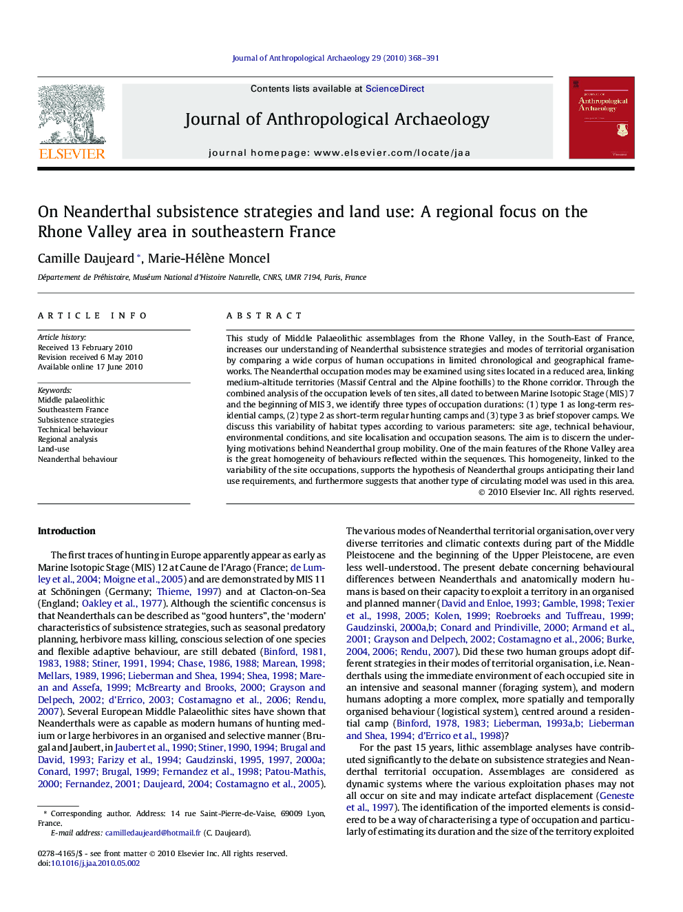 On Neanderthal subsistence strategies and land use: A regional focus on the Rhone Valley area in southeastern France