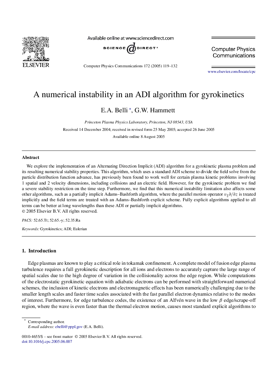 A numerical instability in an ADI algorithm for gyrokinetics