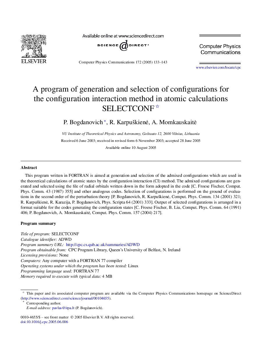 A program of generation and selection of configurations for the configuration interaction method in atomic calculations SELECTCONF