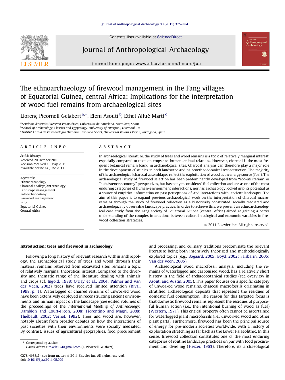 The ethnoarchaeology of firewood management in the Fang villages of Equatorial Guinea, central Africa: Implications for the interpretation of wood fuel remains from archaeological sites