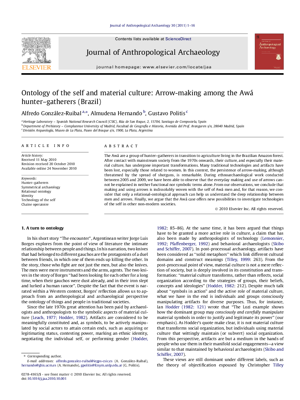 Ontology of the self and material culture: Arrow-making among the Awá hunter–gatherers (Brazil)