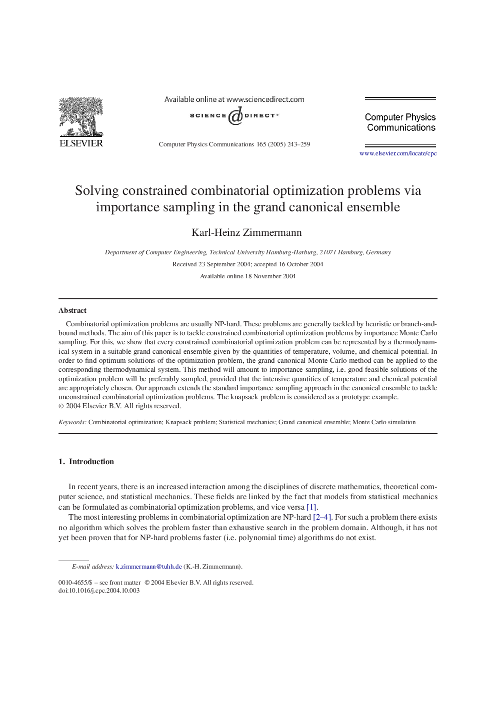 Solving constrained combinatorial optimization problems via importance sampling in the grand canonical ensemble